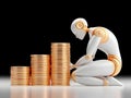 Robotic figure analyzing stacked plates forming descending graph pattern, symbolizing economic downturn against green Royalty Free Stock Photo