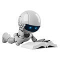 White robot read book