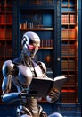 A white robot reads a book in an old library.