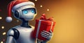 White robot in Santa hat holding a red gift box over golden back