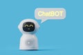 White robot saying chatbot over blue