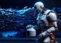 A white robot sculpts a jug on a dark background with a crystal lattice.