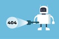 A white robot searching for a 404 error with a torch light. 404 page not found error concept with a robot flat design vector. Royalty Free Stock Photo