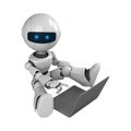 White robot sit with laptop