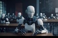 A white robot sits at a table in a robot school. AI generative