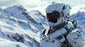 A white robot standing in front of a snowy mountain range, AI