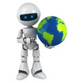 White robot stay with globe