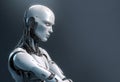 White robot thinking, AI concept, future reality. Royalty Free Stock Photo