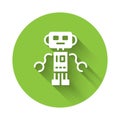 White Robot toy icon isolated with long shadow. Green circle button. Vector