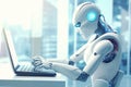 A white robot is typing on a laptop keyboard, generative ai Royalty Free Stock Photo