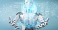 White robot  using digital artificial intelligence head interface 3D rendering Royalty Free Stock Photo