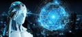 White robot using digital triangle exploding sphere hologram 3D Royalty Free Stock Photo