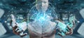 White robot using digital triangle exploding sphere hologram 3D Royalty Free Stock Photo