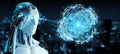 White robot using digital triangle exploding sphere hologram 3D Royalty Free Stock Photo