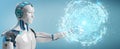White robot using digital triangle exploding sphere hologram 3D Royalty Free Stock Photo