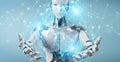 White robot using globe network hologram with America USA map 3D rendering Royalty Free Stock Photo