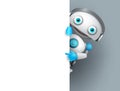 White robot vector character holding empty white board for presentation