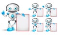 White robot vector character set standing while holding empty white board