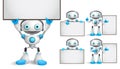 White robot vector characters set standing and holding empty blank white board