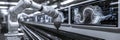 White robotic arm analyzing complex data visualizations