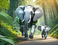 White Robotic Elephant Chasing His Child Elephant