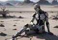 White Robotic Humanoid Kneeling on a Barren Landscape with Scattered Debris Under Cloudy Skies, Generative AI