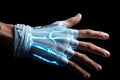 A white robotic prosthetic hand. Future technology. Generative AI.