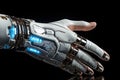 A white robotic prosthetic hand. Future technology. Generative AI.