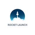 White rocket with cloud and blue sky, circle icon in flat style, vector illustration Royalty Free Stock Photo