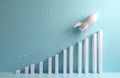 White rocket flies up with dotted trajectory above light growth graph on blue background. Startup, new project concept. 3D Royalty Free Stock Photo