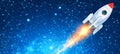 White Rocket Launching Through Cyberspace, Futuristic Technology and Innovation Concept. Royalty Free Stock Photo
