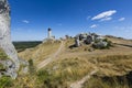 White rocks and ruined medieval castle in Olsztyn, Poland Royalty Free Stock Photo