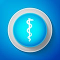 White Rod of asclepius snake coiled up silhouette icon isolated on blue background. Medicine and health care concept Royalty Free Stock Photo