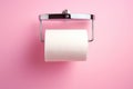 A white roll of soft toilet paper neatly hanging on a modern chrome holder. Generative AI Royalty Free Stock Photo