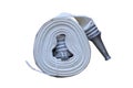 White rolled up fire extinguishing hose with coupling and nozzle