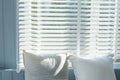 White Roller Blinds or Louver curtains at the glass window