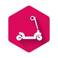 White Roller scooter for children icon isolated with long shadow background. Kick scooter or balance bike. Pink hexagon Royalty Free Stock Photo