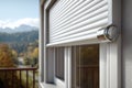 White roller shutter protecting a window of a modern house with a beautiful mountain view in the background Royalty Free Stock Photo