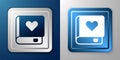 White Romance book icon isolated on blue and grey background. Silver and blue square button. Vector