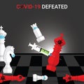 White rook wear mask checkmate by vaccine the red king Covid-19. Concept of victory over the Covid-19 pandemic. Coronavirus