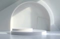 White Room With Arched Windows and White Pedestal