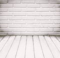 White room, brick wall and wood floor for background Royalty Free Stock Photo