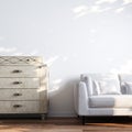 White room interior with sofa and vintage style commode