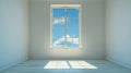 A white room with a large window showing a blue sky with clouds. Sunlight streams in through the window, casting a rectangular Royalty Free Stock Photo
