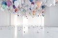 White room with multi-colored balloons floating on ceiling with strings.