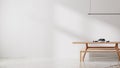 white room with wooden table and bench, dinning room mock up, empty wall, 3d rendering. Royalty Free Stock Photo