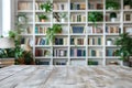 A white room with a wooden table and a shelf full of books