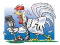 White rooster crowing into a microphone