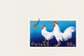 White Rooster and Hen on Polish Stamp