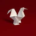 White rooster origami on red background